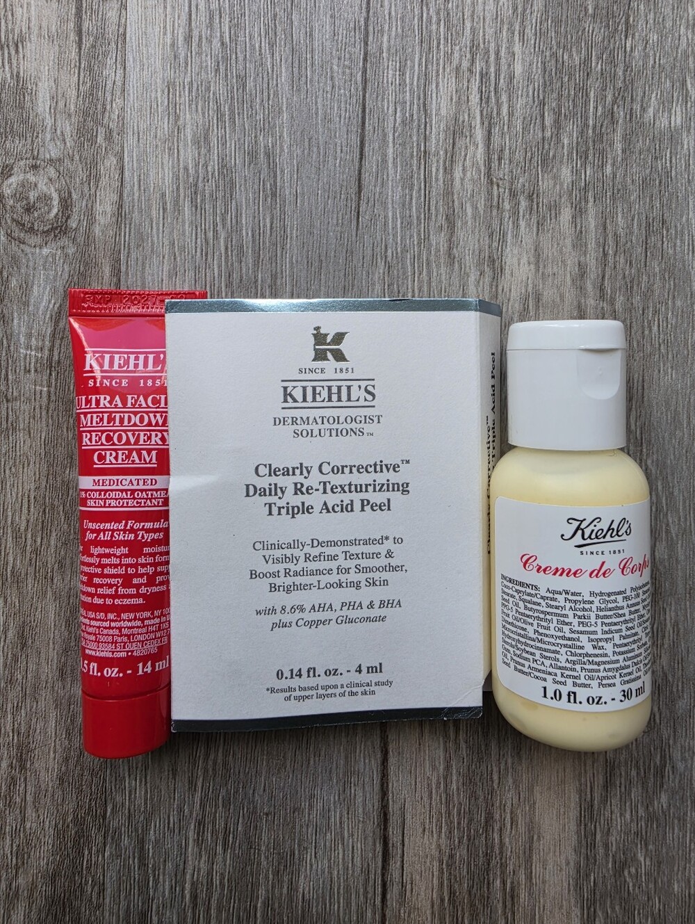 Kiehl's Creme de Corps Moisturizer + Meltdown Recovery Cream + Triple Acid Peel